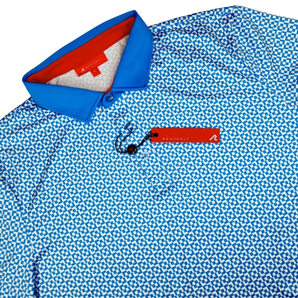 NWT REDVANLY Men's L Blue White Geometric Print Blake Athletic Golf Polo Shirt